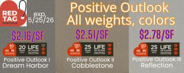 Red Tag specials at Karen's Carpetmax of Flint, MI - Positive Outlook carpet - all weights and colors - huge savings discount